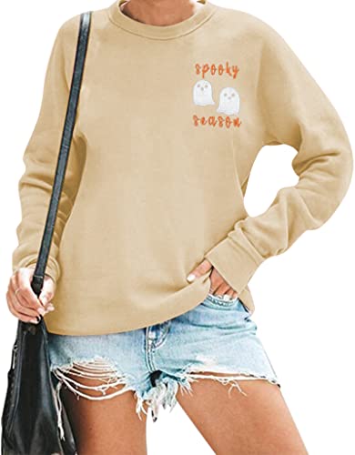 LOTUCY Oversize Halloween Sweatshirt Women Cute Spooky Season Sweatshirts Ghost Fall Embroidered Sweater Pullover Top