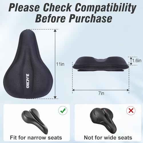 Zacro Bike Seat Cushion - Gel Padded Bike Seat Cover for Men & Women Comfort, Adjustable Velco Secure Bicycle Cushion, Upgraded Installation Fit with Peloton, Indoor & Outdoor Bicycle Saddle(11"x7")
