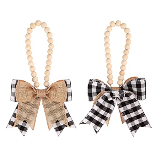 Meseey 4 Pieces Double-Layered Burlap Bows with Wood Beads Garland Hanging Bows Rustic Bow with Wooden Bead Decor for Christmas Trees Holiday Farmhouse Wreath Decoration