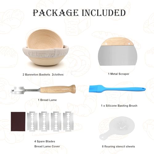 Unihopper Bread Proofing Basket Set of 2,9 Inch Round Sourdough Bread Baskets Bowls with Bread Lame Bread Making Tools Supplies for Sour dough Baking Fermentation