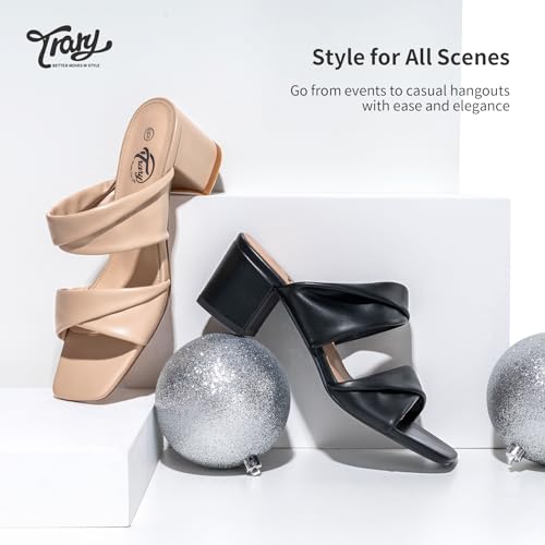 Trary Black Heels for Women,Strappy Sandals for Women Dressy Square Open Toe Block Chunky Mule Heels Confortable Size 11