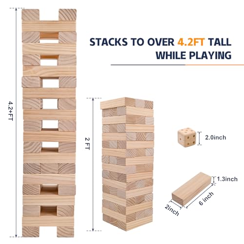 Megwoz Giant Tumble Tower Outdoor Games 57 Blocks Yard Games Stacking Games Includes 2 Dices Carrying Bag Scoreboard Stacking from 2Ft to Over 4.2Ft Outdoor Games for Adult and Family