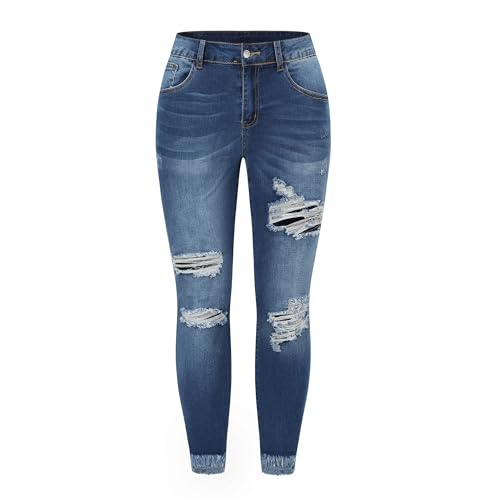 THUNDER STAR Womens Stretch Ripped Cropped Jeans Mid Rise Distressed Casual Denim Pants 1#Blue S