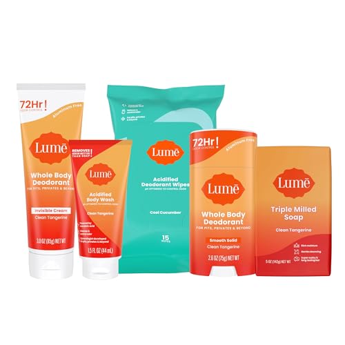 Lume Whole Body Deodorant Starter Pack - Smooth Solid Stick, Invisible Cream Tube, Acidified Body Wash Mini & Deodorant Wipes - Aluminum & Baking Soda Free Odor Control, Skin Loving (Clean Tangerine)