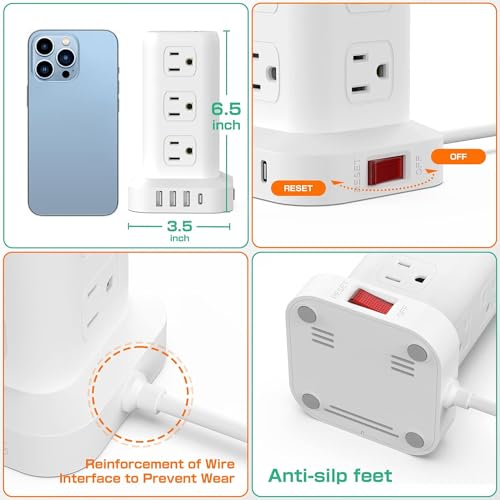 Tower Surge Protector Power Strip with 12 Outlets 4 USB (1 USB C), 6.5Feet Extension Cord with Multiple Outlets, Charging Station, Power Strip Tower, Office Desk Supplies