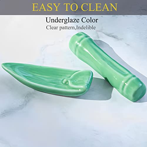 Porcelain Chopsticks and Porcelain Holder,2 Pairs Reusable Chopsticks with Delicate box, Washable and Dishwasher Safe, Ceramic Chopsticks Chinese Japanese Korean Classic Stylish(Green Bamboo)