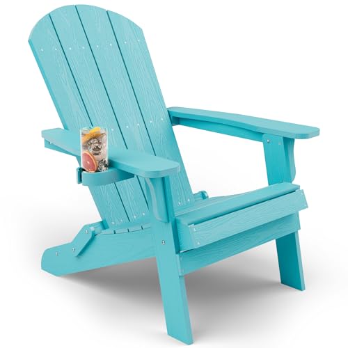 YEFU Adirondack Chair, Oversized Plastic Adirondack Chair Folding Outdoor Chairs with Cup Holder, Lawn Chair with Weather Resistant for Outside Deck Lawn Garden, Weight Capacity Up to 400 Lbs –Aruba