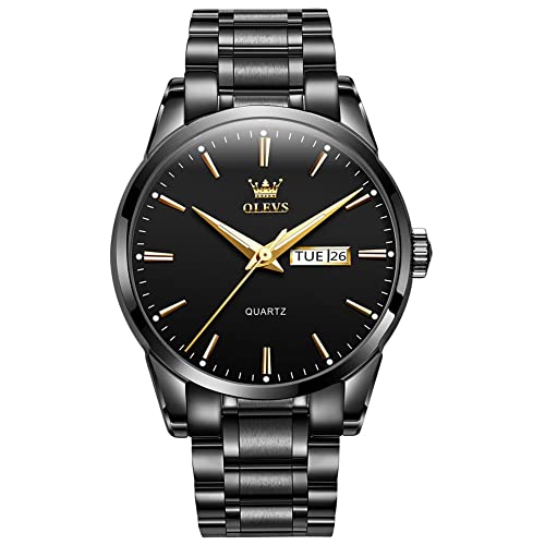 OLEVS Men's Analog Watches Two Tone Stainless Steel Band Date and Day Quartz Watch for Men Black Dial Easy to Read Men's Battery Watch with Numbers Casual Hand Watches for Older Men Reloj de Hombre