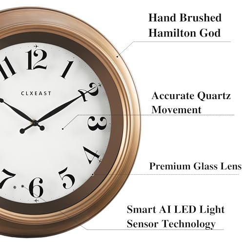 CLXEAST 18 Inch Glow in The Dark Wall Clocks for Living Room Decor, Large Illuminated Gold Wall Clock,Antique Brushed Gold,House Warming Gifts New Home