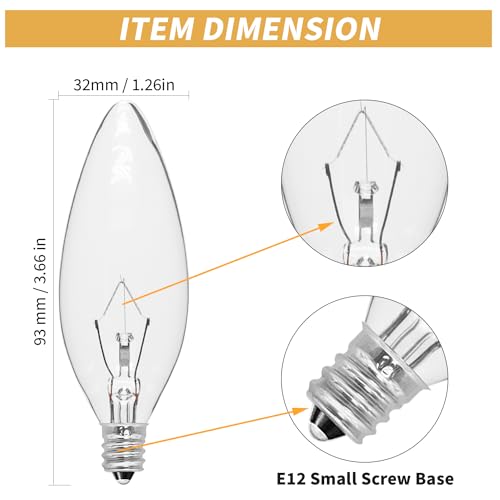 CYLYT 6-Pack E12 Candle Light Bulbs 25W Warm White 2500K, 240 Lumen Dimmable Chandelier Light Bulbs for Ceiling Fan, Pendants or Outdoor, B10 Clear Candelabra Base Bulbs
