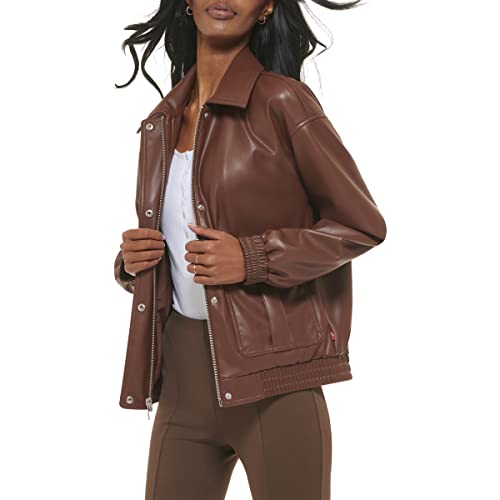 Levi's Women's Faux Leather Lightweight Dad Bomber Jacket, Chocolate Brown, X-Small