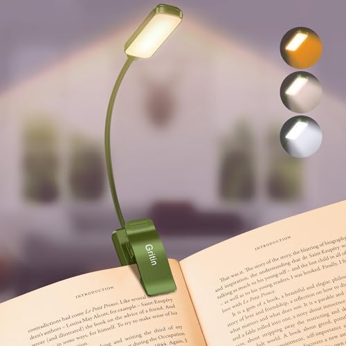 Gritin 9 LED Rechargeable Book Light for Reading in Bed - Eye Caring 3 Color Temperatures,Stepless Dimming Brightness,80 Hrs Runtime Small Lightweight Clip On Book Reading Light for Studying