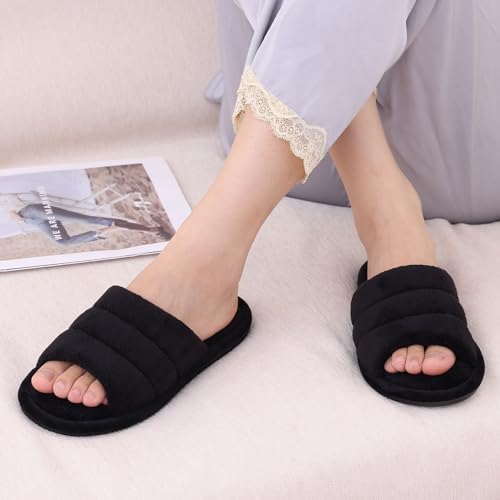 shevalues Terry Cloth Open Toe Slippers for Women Memory Foam Slip On House Slippers, Black 250, 6-7 Women/4.5-5.5 Men