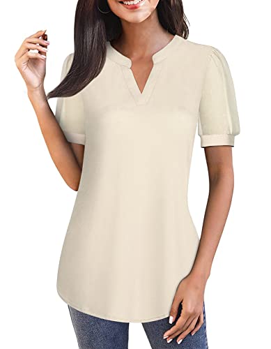 AxByCzD Shirts for Women Dressy Casual Summer Work Going Out Vacation Beach Ladies Tops and Blouses Cute Stylish Polka Dot V Neck Puff Sleeve Chiffon Clothes Apricot Medium