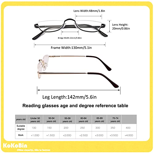 KoKoBin Half Reading Glasses - 4 Pairs Half Rim Metal Frame Glasses Spring Hinge Readers for Men and Women,(Red, 1.0)