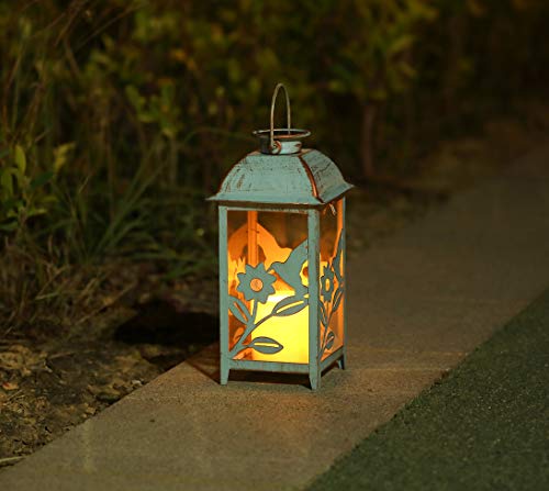 Solar Lantern Outdoor Hummingbird Blue Decor Antique Metal and Glass Construction Mission Solar Garden Lantern Indoor and Outdoor Solar Hanging Lantern Entirely Solar Powered Lantern Low Maintenance