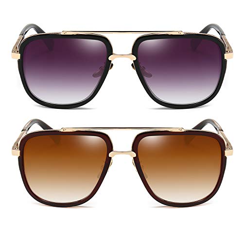 Dollger Oversized Square Aviator Sunglasses for Men Classic Retro Gold Alloy Frame Sun Glasses 2 Pack