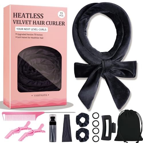 Yampahpa Heatless Curling Rod Headband, 70" Long, Soft Velour Hair Curlers for Medium Long Hair, Overnight Hair Rollers Set for Heatless Curls, Lazy Hair Curlers to Sleep In, 15 Pcs