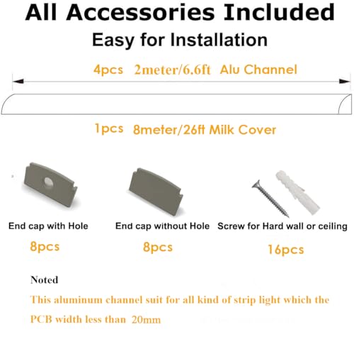 LIGHTOTECH 4Pack 6.6FT/2 Meter Plaster-in LED Drywall Aluminum Channel with Long Diffuser, Recessed Aluminium LED Profile with Flange for 20mm wide Strip Lights