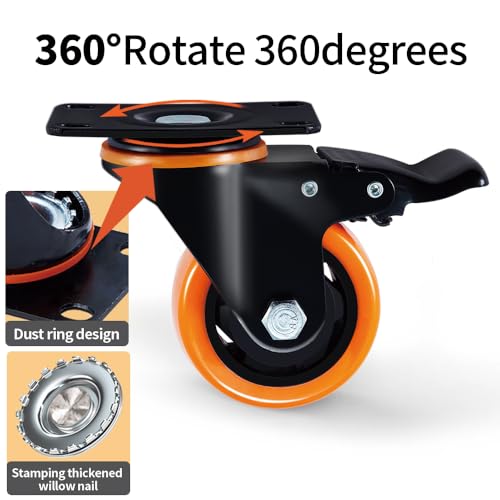 SOCHER 5 Inch Plate Caster Wheels, Heavy Duty 5” Casters Set of 4 with Brake,No Noise Polyurethane Wheels and Safety Dual Locking casters, Swivel Plate Castors (Two Hardware Kits)(5 inch)