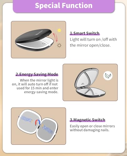 wobsion Travel Mirror with Light, Rechargeable 1x/10x Compact Magnifying Mirror, Dimmable Pocket Mirror,Handheld 2-Side Mirror with Light,4inch Travel Size,Portable for Handbag,Purse,Gift,Black