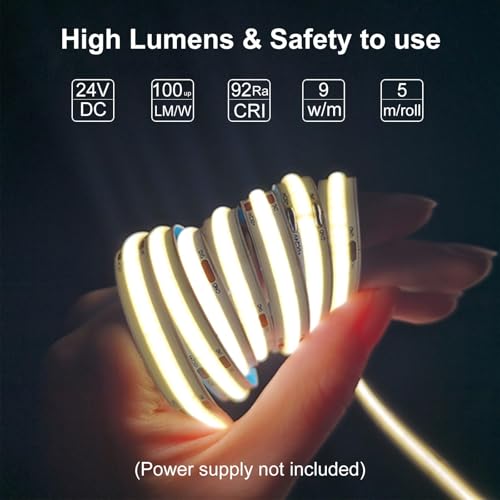 LLTOP COB LED Strip Lights Warm White 3000K, DC24v 16.4ft/5m High CRI 92Ra+ Flexible LED Tape Lighting DIY Cuttable for Bedroom Kitchen Cabinet Shelf (Power Supply&Dimmer Not Included)