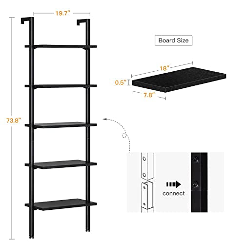 ODK Ladder Shelf, 5 Tier Black Bookshelf, 72 Inch Wall Mounted Book Shelf with Metal Frame, Ladder Bookshelf Bookcase for Bedroom, Home Office and Living Room