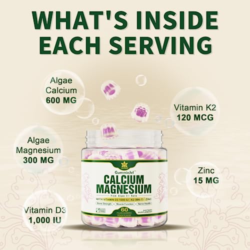 Plant Based Calcium Supplement 600mg with Vitamin D3 K2, Zinc for Bone Strength, Sustainably Sourced Algae Calcium Magnesium 2:1 Ratio, Sugar Free Calcium Gummies 70+ Trace Minerals, Vegan, 60 Counts