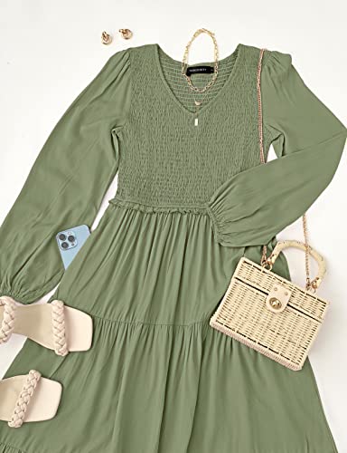 MEROKEETY Women's Long Ballon Sleeve V Neck Dress Smocked Casual Solid Ruffle Flowy Swing Dresses,Wine,M