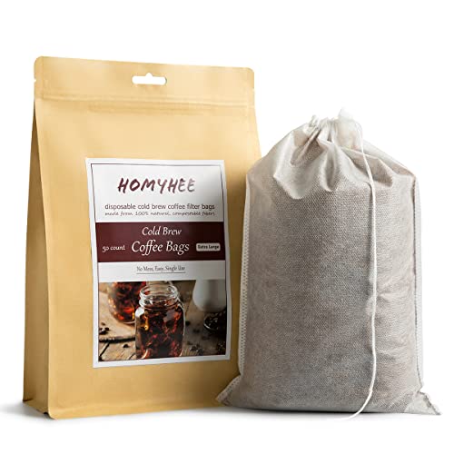 HOMYHEE Disposable Cold Brew Coffee Filters - 50 Count Single Use Filter Sock Packs Fine Mesh Brewing Bags for Concentrate, Iced Coffee Maker, French/Cold Press Kit, Tea in Mason Jar, 8 x 12 Inches