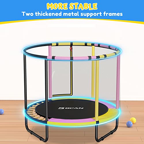 BCAN 60'' Mini Trampoline for Kids, 5FT Toddler Trampoline - Indoor/Outdoor Use with Enclosure Net, Thicker Foam Handle, Adjustable Gymnastics Bars, Basketball Hoop, Gifts for Boys & Girls
