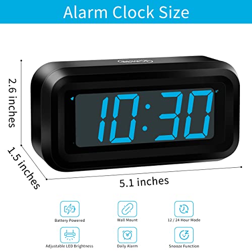 KWANWA Alarm Clock, Digital Clock, Constantly 1.2'' LED Blue Digits Display, Battery Powered, Snooze, Small Wall Clock, Desk Clock, Clock for Bedroom, Alarm Clock for Heavy Sleepers