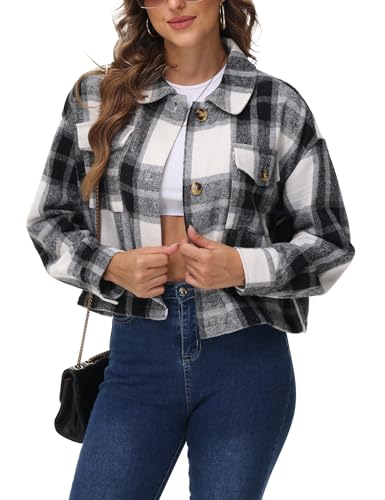 URBEST Women's Cropped Oversized Plaid Shacket | Cozy Long Sleeve Button Down Jacket with Pockets for Casual Style Grey L