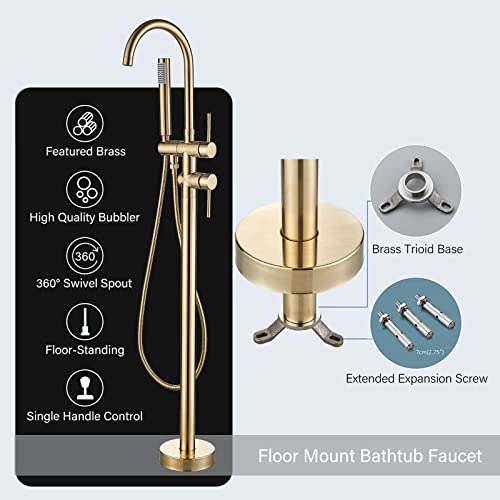 YAGATAP Freestanding Bathtub Faucet Floor Mount Tub Filler Brushed Gold High Flow Shower Faucets with Handheld Shower Mixer Taps Swivel Spout