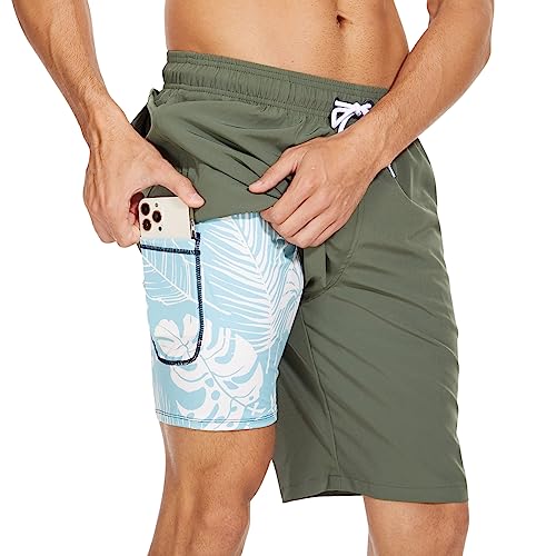 Arcweg Mens Swim Trunks with Compression Liner 9" Inseam Quick Dry Beach Shorts with Pockets Swim Shorts