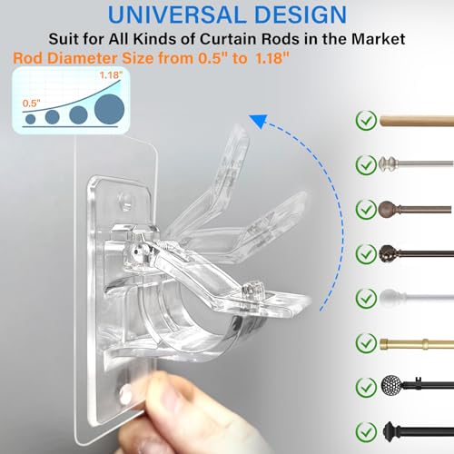 6-Pack No Drill Needed Curtain Rod Holders, Self Adhesive Rod Brackets, Multipurpose Nail Free Stick on Curtain Rod Hooks, Curtain Hangers for Bathroom, Bedroom, Livingroom
