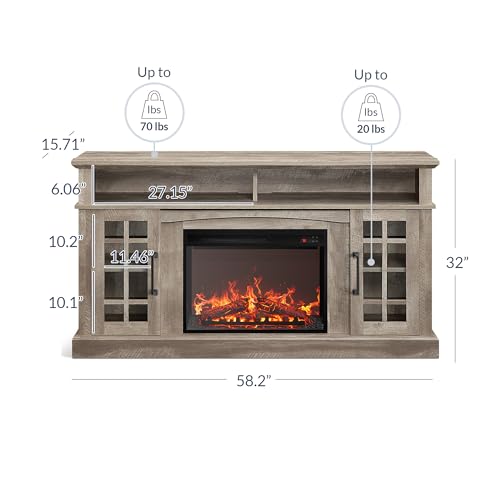 BELLEZE Traditional 58" Rustic TV Stand with 23" Electric Fireplace Heater with Sound, Media Entertainment Center Console Table for TV up to 65" with Open Storage Shelves and Cabinets - Ashland Pine