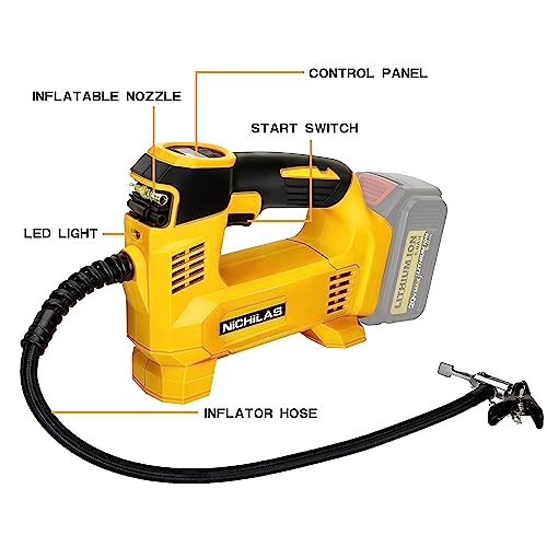 Nichilas Tire Inflator for DEWALT 20V MAX Battery, Portable Air Compressor Auto Tire Pump with Digital Pressure Gauge 120PSI for Car, Truck, Bikes, Ball (Tool Only, NO Battery)