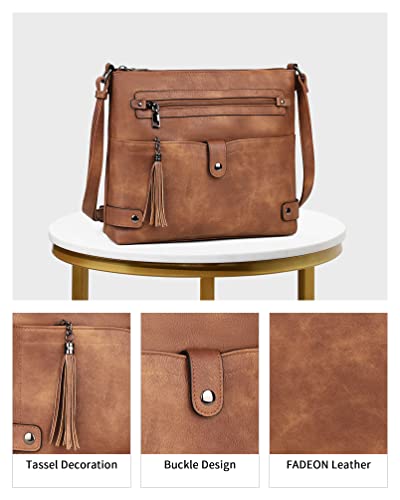 FADEON Large Crossbody Bags Purses for Women Crossbody Bag, Designer Leather Cross Body Purse Multi Pocket Shoulder Bag Brown