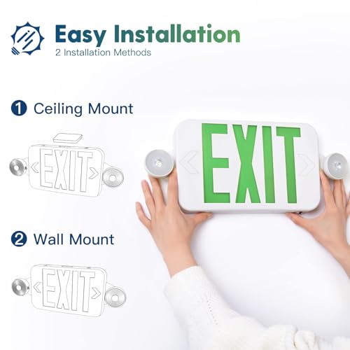 FREELICHT 6 Pack Green Exit Sign with Emergency Lights, Two LED Adjustable Head Emergency Light with Battery, Exit Sign for Business