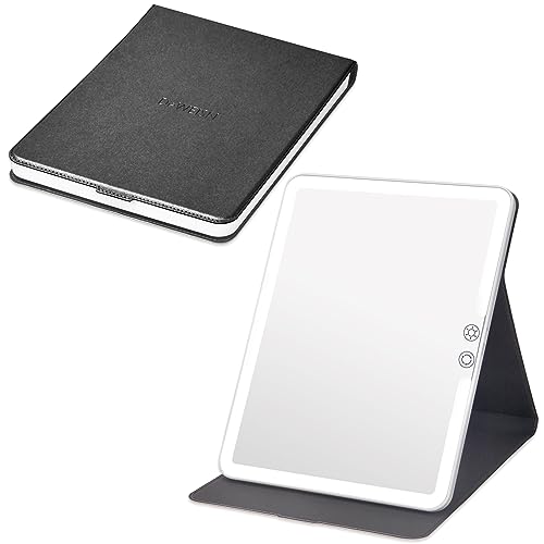 deweisn Folding Compact Lighted Makeup Mirror with 3 Colors Light,Rechargable 2000mA Batteries Mirror with Dimming,Lighted Mirror with PU Cover Leather