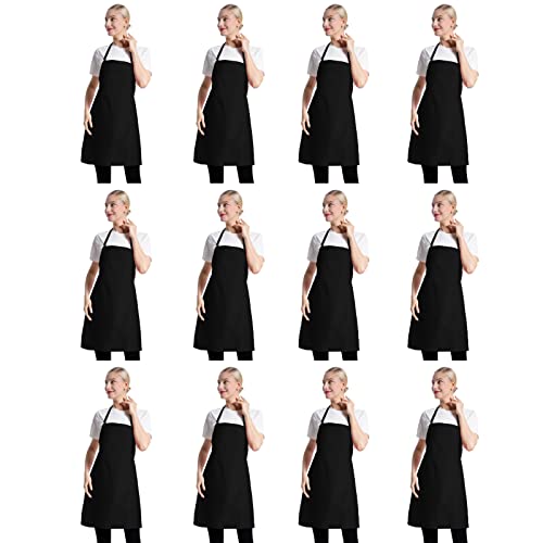 TSD STORY 12 Pcs Bib Bulk Black Aprons for Women Men Adult Girls Unisex with 2 Pockets, Baking Cooking Kitchen Painting Apron (Black,12 pcs)