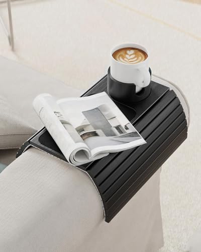 BS-VOG Couch Cup Holder, Couch Arm Tray with 360° Rotating Drink Holder, Foldable Anti-Slip Couch Arm Table, Sofa Armrest Tray Clip on Wide Couches for Eating, Snacks, Remote (Gray)