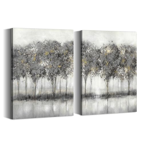 summer melody Green Forest Canvas Wall Art: 2 Pieces Modern Landscape Picture Abstract Tree Painting Rustic Nature Scenery Print Contemporary Countryside Artwork for Living Room Bedroom