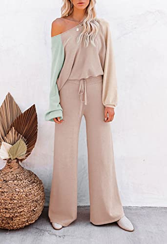 Pink Queen Women's 2 Piece Knit Outfit Cropped Sweater Top Wide Leg Long Pants Sweatsuits Pajama Set Green L