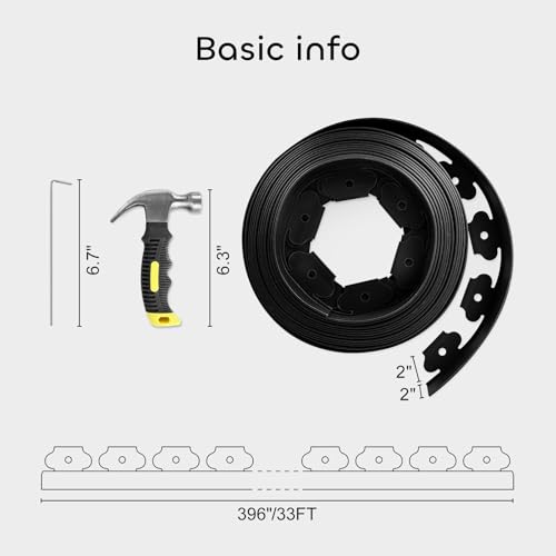 GROWNEER 2 in Tall, 33FT No-Dig Landscape Edging, Rubberific Landscape Edging Garden Edging Border with 30 Pcs Garden Staples, 1PC Hammer Edging for Landscaping Garden, Flower Beds, and Lawn (Black)