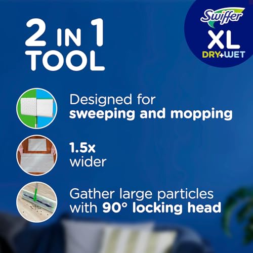 Swiffer Sweep + Mop XL, Broom & Mop Alternative, Floor Cleaner for Dirt, Dust, Hair, All Purpose Cleaning Tool for Home, Bathroom, Kitchen, Set Includes 1 XL Sweeper 8 XL Dry Pads 2 XL Wet Pads Fresh
