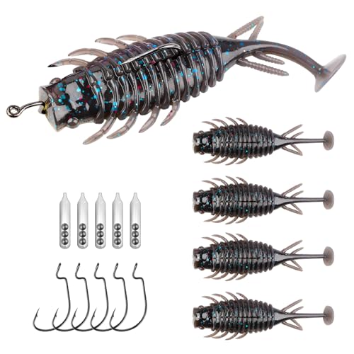 THKFISH Swimbait Fishing Lures,Soft Plastic Fishing Lures Pre-Rigged Jig Head Soft Lures 5 Piece Swimbaits Kit with Hook and Noise Attractor Beads,Great for Catches All Species