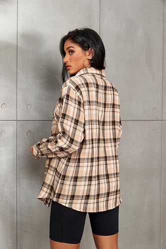 Deer Lady Plaid Flannel Shirts for Women Buffalo Plaid Shirts Oversized Long Sleeve Casual Button Down Blouse Top Brown M 0621