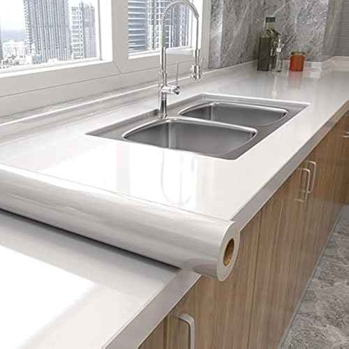 Shiny White Wallpaper peel and Stick Wallpaper Glossy Self Adhesive Removable Wall paper 15.8" X 78.7"Waterproof Countertop Paper White Contact Paper for Cabinet Countertop Furniture Kitchen Vinyl